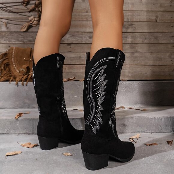 Women's Suede Embroidered Side Zipper High Heeled Boots With Sloping Heel Black - Picture 5 of 7